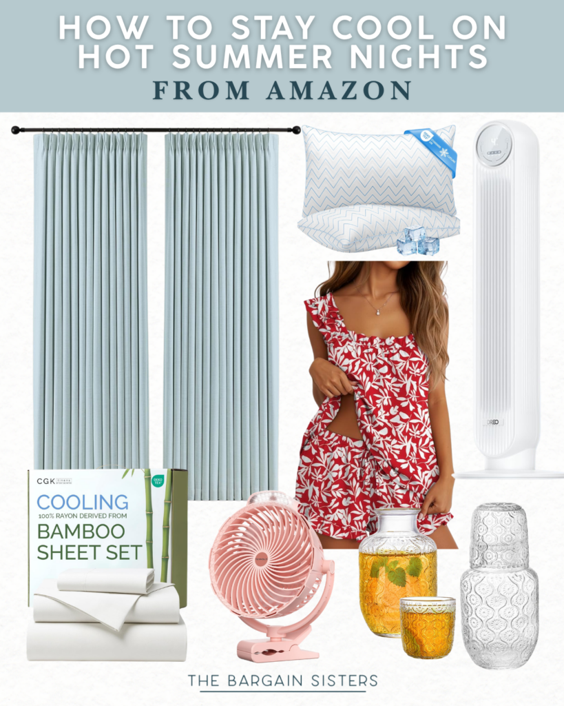 A collage labeled “How to Stay Cool on Hot Summer Nights from Amazon” features best summer essentials like cooling curtains, a cooling pillow, tower fan, bamboo sheets, a pink fan, a woman in a red floral nightdress, and iced drinks in glass jars.