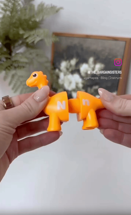 Two hands hold a small orange dinosaur toy that splits in the middle, showing each half with the letter "N" on it. A blurred plant and framed picture are visible in the background.