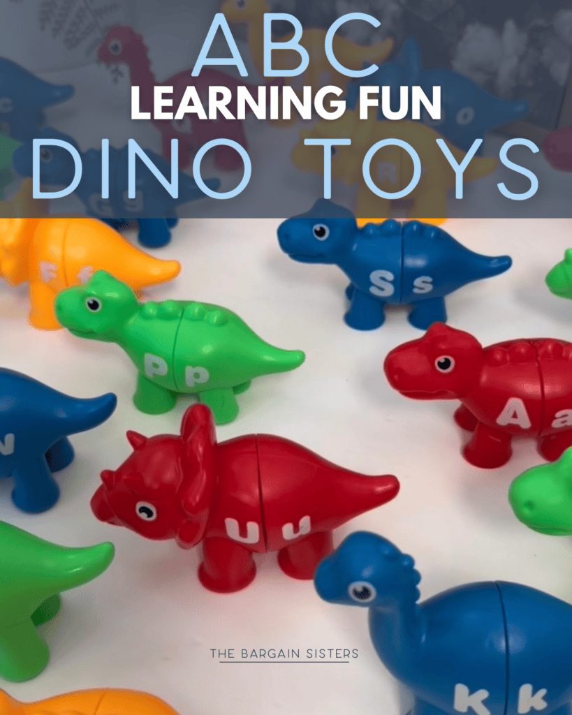 Colorful plastic dinosaur toys are arranged on a white surface, each featuring a letter of the alphabet on its side. Text above reads: "ABC Learning Fun Dino Toys.
