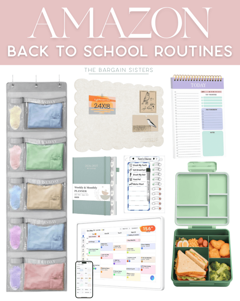 Collage of Amazon back-to-school routine items, plus the best summer essentials for men—like a daily planner, corkboard, hanging pocket organizer, chore chart, lunchbox, and a phone featuring a scheduling app for men's summer 2026.