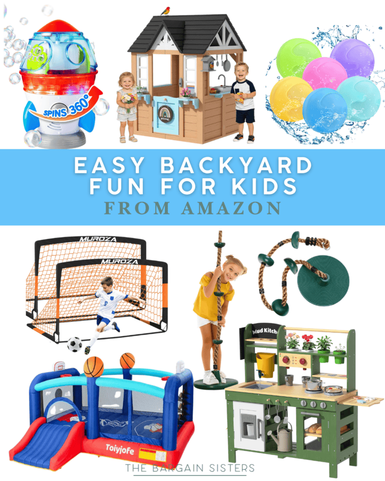 A collage of backyard toys for kids, including a bubble machine, playhouse, water balloons, and more, with text: "Easy Backyard Fun for Kids from Amazon—discover the best summer essentials for family fun in summer 2026.