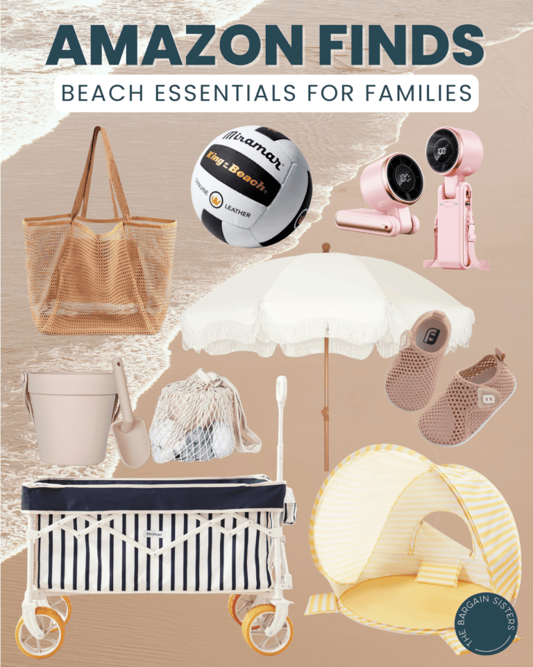 A collage of best summer essentials for families, including a mesh tote bag, volleyball, mini fan, phone lens, sand bucket and scoop, umbrella, slip-on shoes, striped wagon, and a yellow pop-up tent—perfect for summer 2026 fun on the sand.