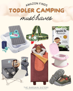 A collage of toddler camping essentials—like an inflatable bed, headlamp, bear-shaped sleeping bag, bug bite relief patches, and more—alongside the text "Amazon Finds Toddler Camping Must Haves & Best Summer Essentials.
