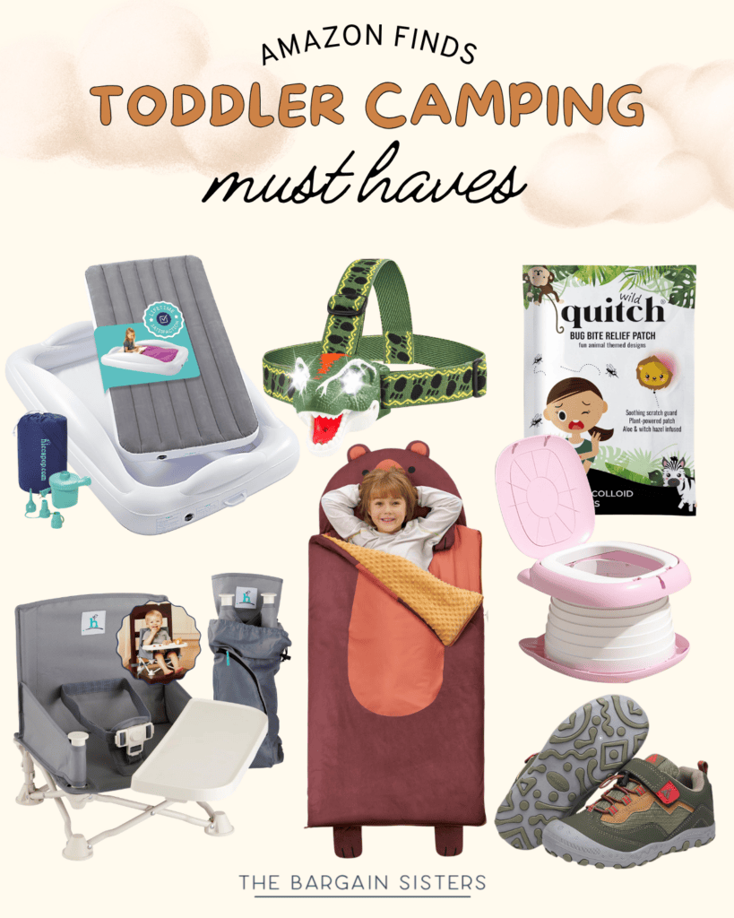 A collage of toddler camping essentials—like an inflatable bed, headlamp, bear-shaped sleeping bag, bug bite relief patches, and more—alongside the text "Amazon Finds Toddler Camping Must Haves & Best Summer Essentials.