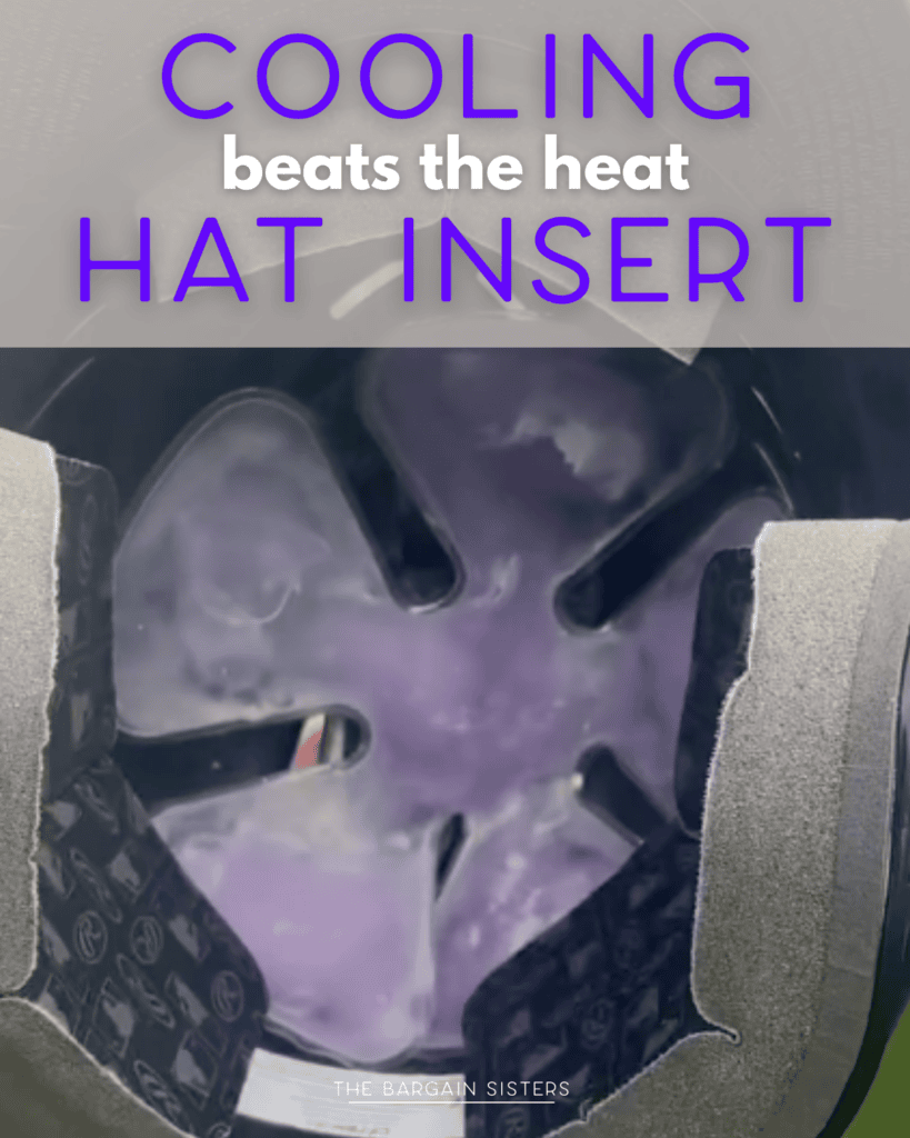 Close-up view of a helmet's interior showing a purple cooling gel hat insert with foam padding, designed to help beat the heat. White and purple text reads, “Cooling hat insert beats the heat.”.