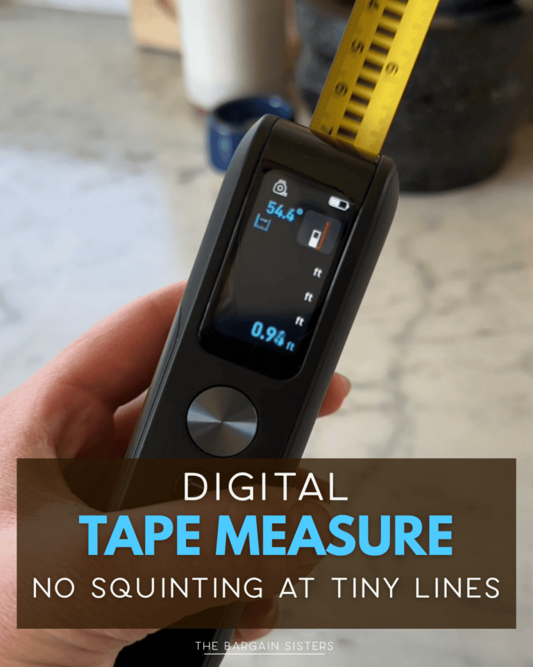 A hand holds a digital tape measure displaying measurements on its screen, with a yellow tape extended. Text reads: "Digital Tape Measure. No squinting at tiny lines.