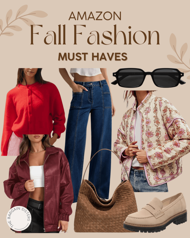 Collage of fall fashion essentials, including a red cardigan, straight-leg jeans, woven brown tote, and more. Text reads "Amazon Fall Fashion Must Haves—and discover the best summer essentials for men to refresh your wardrobe year-round.