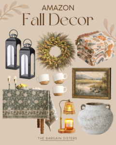 Amazon Fall Decor collage featuring two black lanterns, a leafy wreath, cozy blankets, a rustic vase, and wine glasses—perfect for transitioning from men's summer fashion 2026 to autumn comfort with the best summer essentials for men.