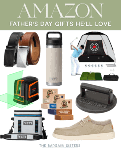 A collage of Father’s Day gift ideas, featuring summer essentials for men like belts, a water bottle, a golf practice set, a laser level tool, seasoning packets, a steak branding iron, a cooler bag, and beige shoes. Text reads: "AMAZON FATHER’S DAY GIFTS HE’LL LOVE.