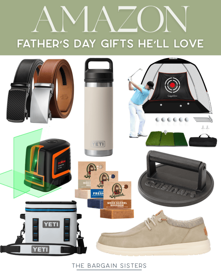 A collage of Father’s Day gift ideas, featuring summer essentials for men like belts, a water bottle, a golf practice set, a laser level tool, seasoning packets, a steak branding iron, a cooler bag, and beige shoes. Text reads: "AMAZON FATHER’S DAY GIFTS HE’LL LOVE.