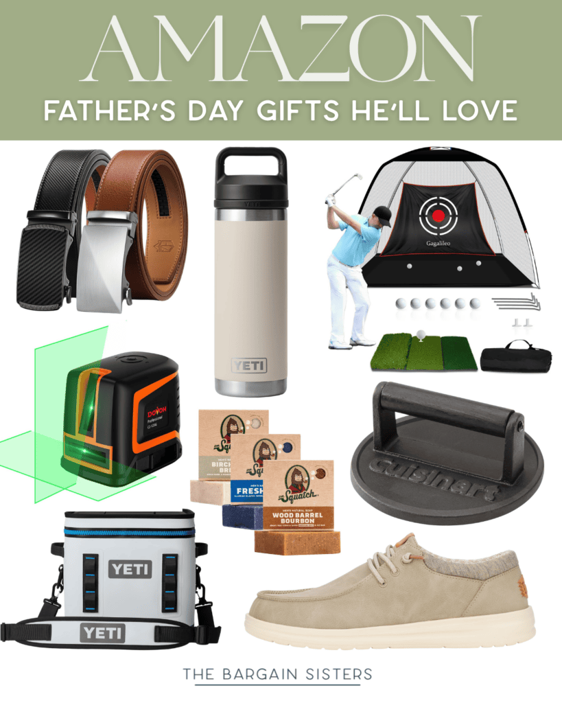 A collage of Father’s Day gift ideas, featuring summer essentials for men like belts, a water bottle, a golf practice set, a laser level tool, seasoning packets, a steak branding iron, a cooler bag, and beige shoes. Text reads: "AMAZON FATHER’S DAY GIFTS HE’LL LOVE.