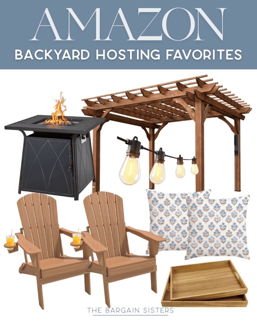 A collage of backyard hosting items including a wooden pergola, fire pit table, string lights, Adirondack chairs with drink holders—perfect for men 2026 seeking the best summer essentials. Text reads: "AMAZON BACKYARD HOSTING FAVORITES.