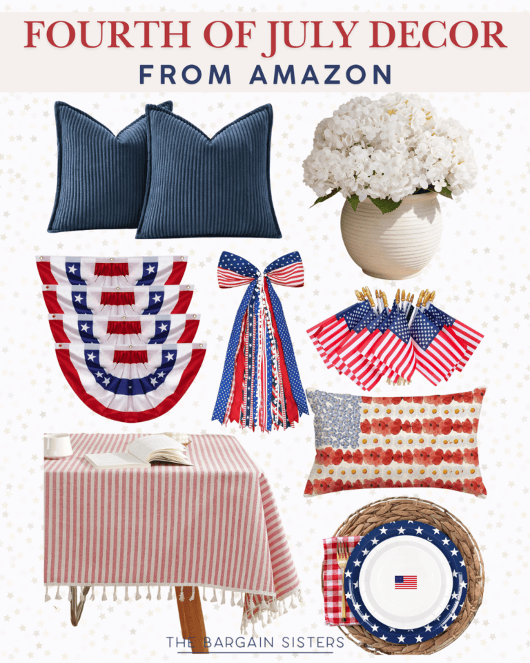 A collage of Fourth of July decor items from Amazon, plus best summer essentials for men—think blue pillows, patriotic buntings, and festive plates—perfect for celebrating in style while staying on top of men’s fashion 2026 trends.