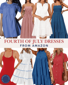 A collage of eight women’s dresses in red, white, and blue, arranged in two rows, with the text “Fourth of July Dresses From Amazon.” Each dress features a different style—perfect inspiration alongside the best summer essentials for men and women.