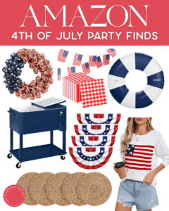 A collage of Amazon 4th of July party supplies including patriotic wreaths, a red gingham tablecloth, banners, an inflatable pool float, a blue cooler cart—best summer essentials for celebrating in style—bunting, and round woven placemats.