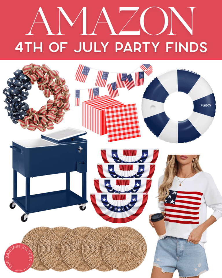 A collage of Amazon 4th of July party supplies including patriotic wreaths, a red gingham tablecloth, banners, an inflatable pool float, a blue cooler cart—best summer essentials for celebrating in style—bunting, and round woven placemats.