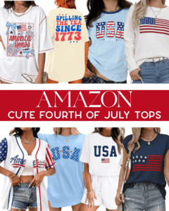 A collage displays eight women in Fourth of July-themed tops with USA flags, patriotic colors, and slogans under a “AMAZON CUTE FOURTH OF JULY TOPS” banner—perfectly paired with the best summer essentials for men for a festive celebration.