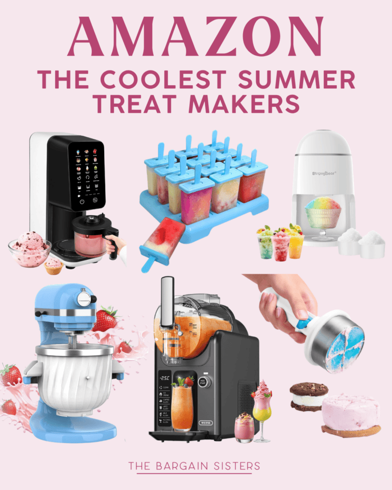 A collage of summer treat makers from Amazon—ice cream maker, popsicle molds, shaved ice machine, and more—alongside colorful treats, perfect for pairing with the best summer essentials or discovering unique summer essentials for men.