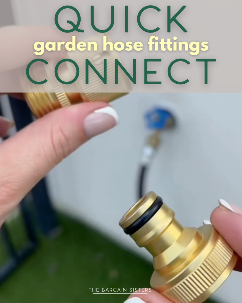 Close-up of hands connecting two brass garden hose fittings outdoors, with blurred hose and wall in the background. Text overlay reads: "Quick garden hose fittings connect.
