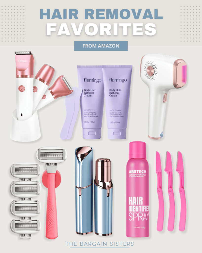A collage of various hair removal products for men, including electric trimmers, razors, creams, an IPL device, spray, and dermaplaning razors—your 2026 summer essentials labeled “Hair Removal Favorites from Amazon.”.