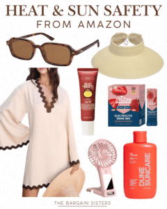A collage of best summer essentials from Amazon: brown sunglasses, beige sun visor, beige cover-up dress with brown trim, SPF lip balm, electrolyte drink mix, SPF spray, pink portable fan, and bottle of Dune sunscreen—perfect for men's summer fashion.