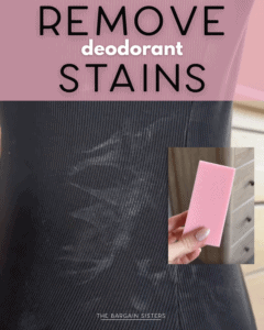 A black shirt with white deodorant stains and a hand holding a pink sponge, with text reading "REMOVE deodorant STAINS.