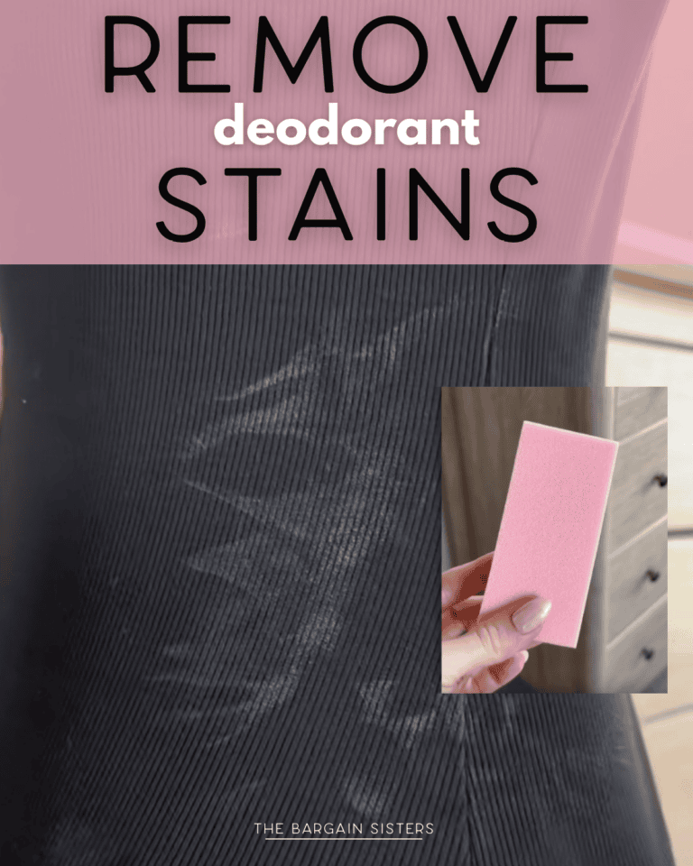 A black shirt with white deodorant stains and a hand holding a pink sponge, with text reading "REMOVE deodorant STAINS.