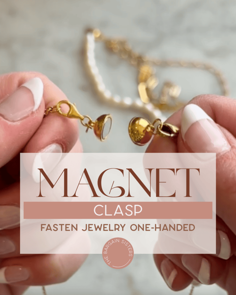 Close-up of hands fastening a gold magnet clasp on a bracelet with text overlay: "MAGNET CLASP, Fasten jewelry one-handed." Pearl and gold jewelry blurred in the background.