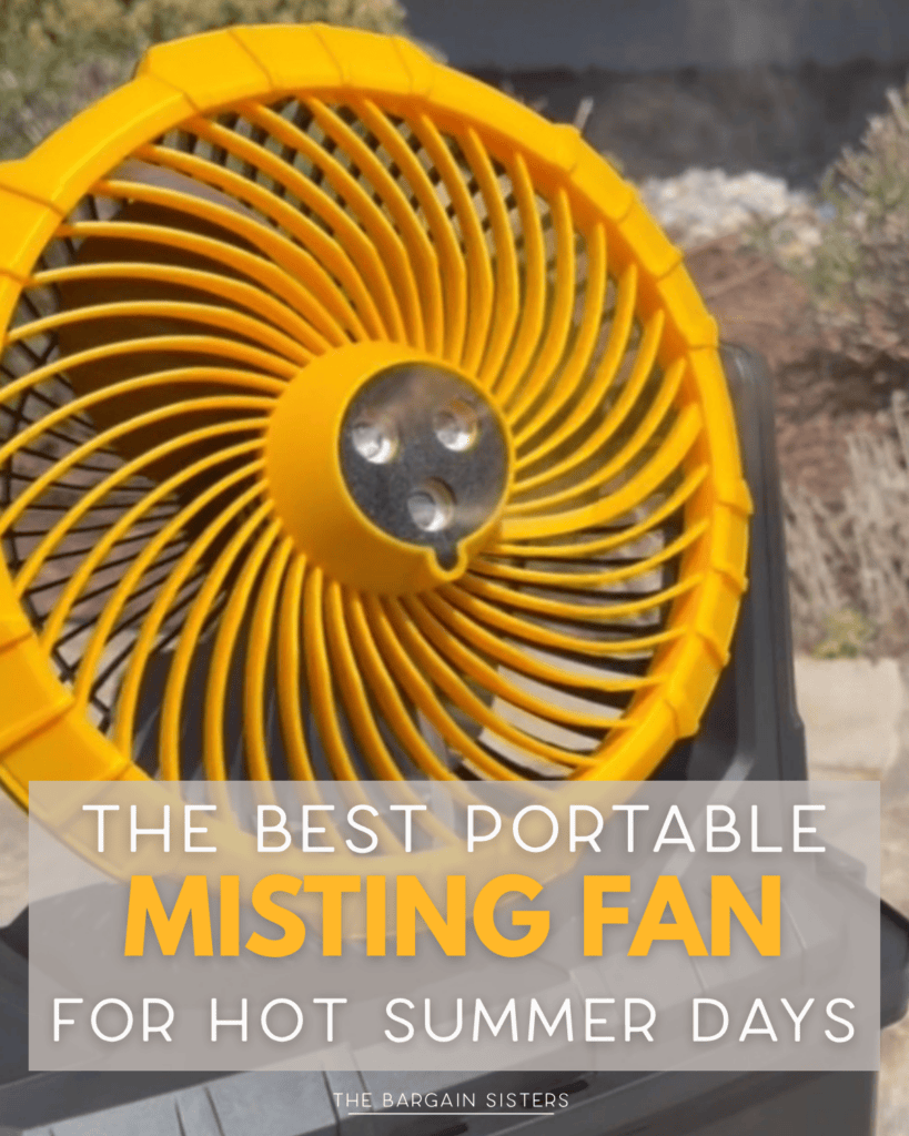 A close-up of a yellow portable misting fan outdoors, with text overlay: “The best portable misting fan for hot summer days. The Bargain Sisters.” Plants and blurred background are visible.