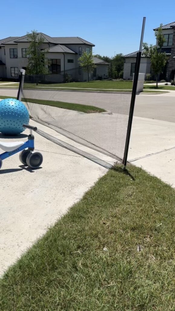 A blue cart with a large ball stands on a driveway next to a badminton net. The net stretches from the grass to the concrete, and houses are visible across the suburban street.