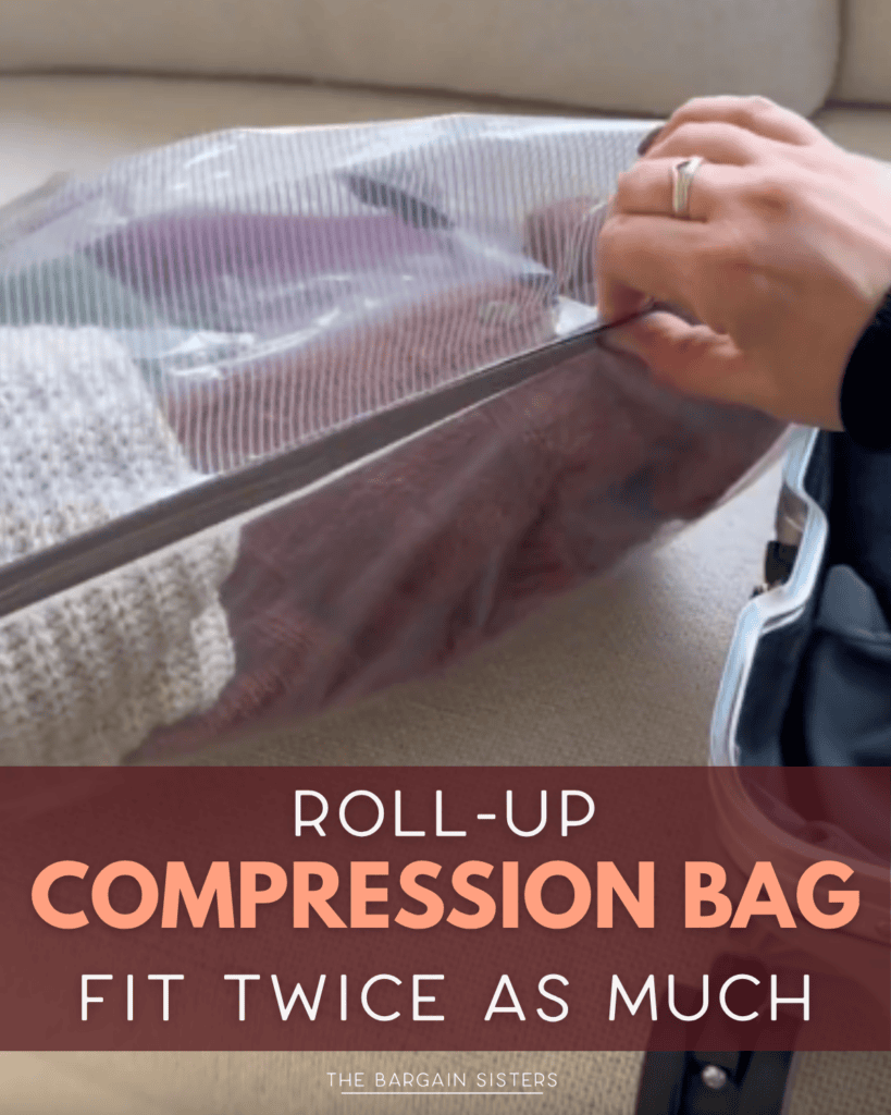 A person rolling up a compression bag filled with clothes to save space in a suitcase. Text reads: "Roll-up compression bag. Fit twice as much.