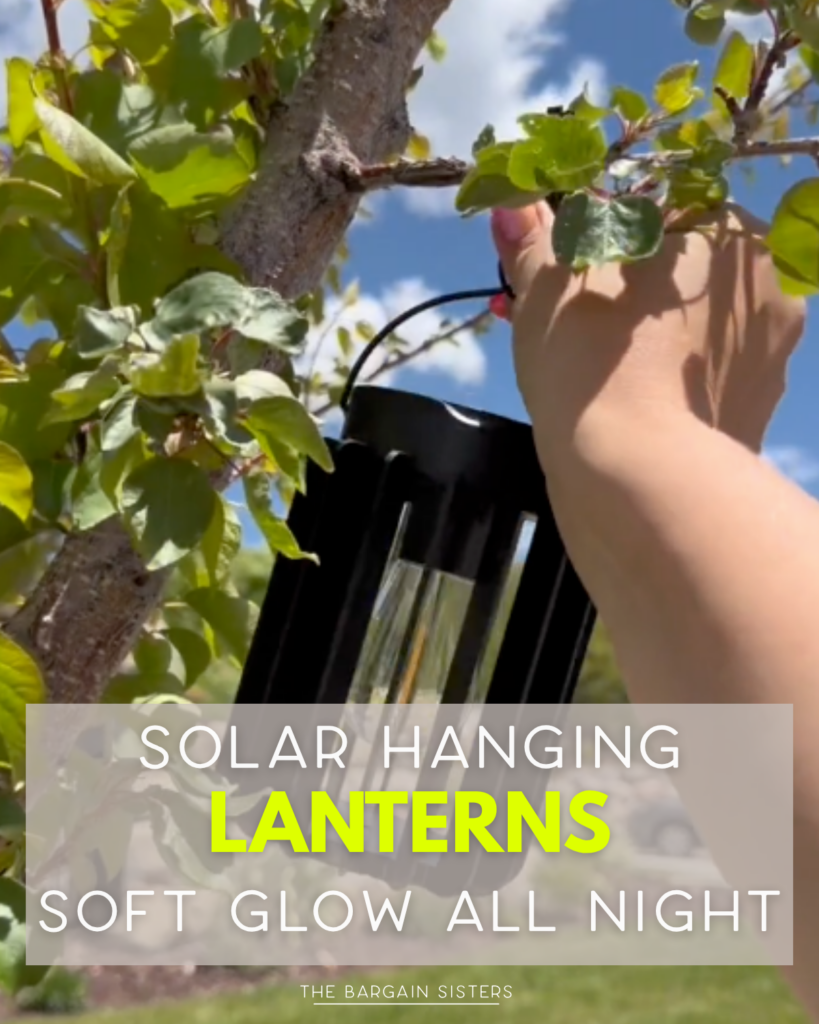 A hand hangs a black solar lantern on a tree branch under a blue sky. Text overlay reads: "Solar Hanging Lanterns - Soft Glow All Night. The Bargain Sisters.