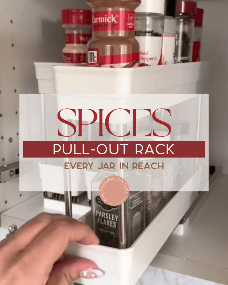A hand pulls out a white spice rack from a cabinet, revealing jars of spices such as parsley flakes and red pepper, with the text overlay: "Spices Pull-Out Rack: Every Jar in Reach.