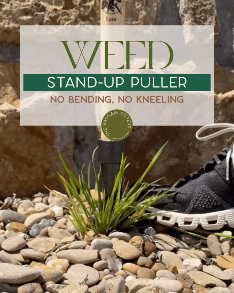 A person uses a stand-up weed puller on a grassy weed among rocks, wearing black sneakers. The image text reads, “Weed Stand-Up Puller: No Bending, No Kneeling.”.