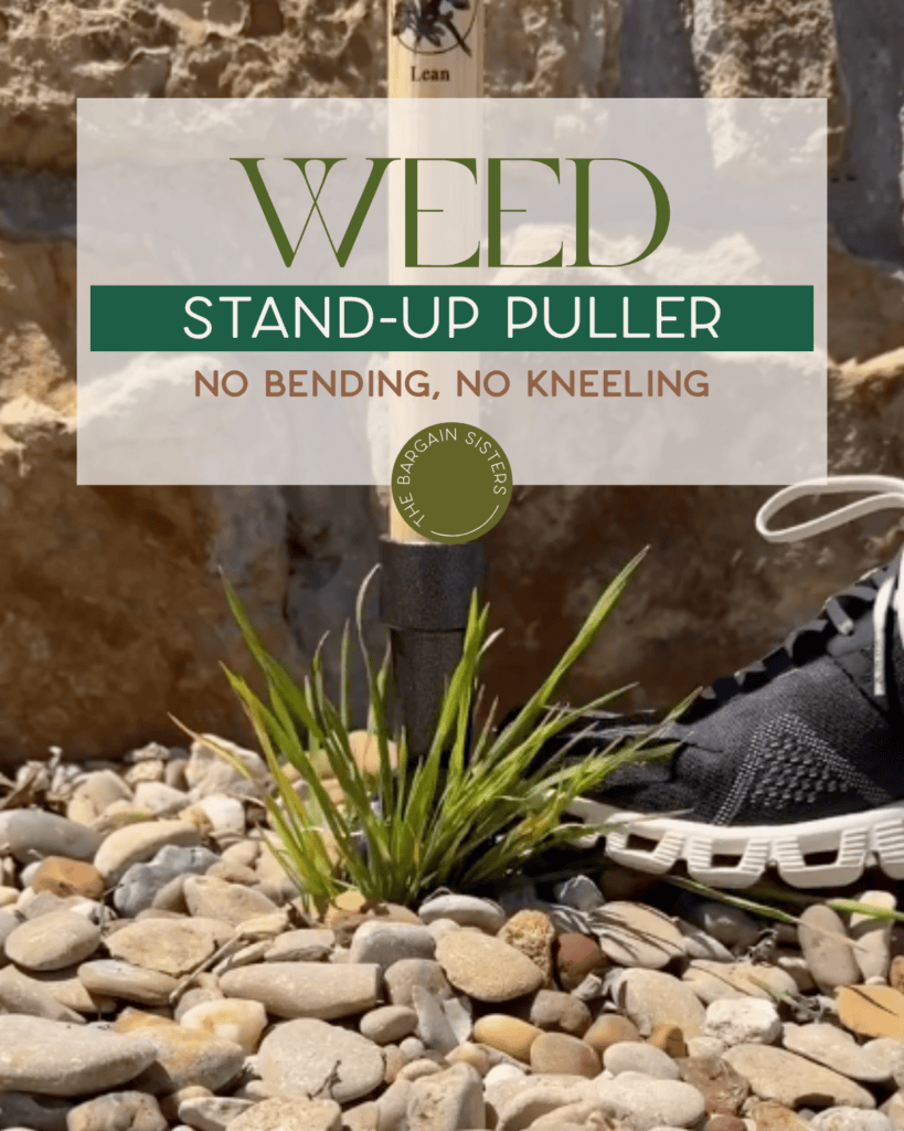 A person uses a stand-up weed puller on a grassy weed among rocks, wearing black sneakers. The image text reads, “Weed Stand-Up Puller: No Bending, No Kneeling.”.