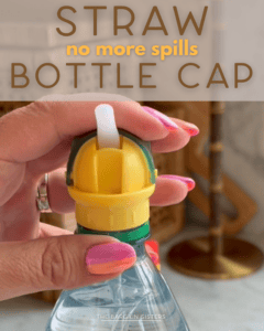 A hand with pink and orange nails holds a water bottle with a yellow and green cap that has a built-in straw. Text on the image reads, "Straw Bottle Cap - no more spills.