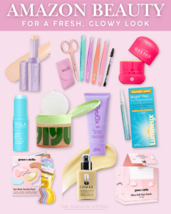 A flat lay of various beauty products on a pink background, including skincare, facial tools, creams, serums, brushes, and face towels—featuring best summer essentials for a fresh, glowy look. Labeled “Amazon Beauty for a Fresh, Glowy Look.”.