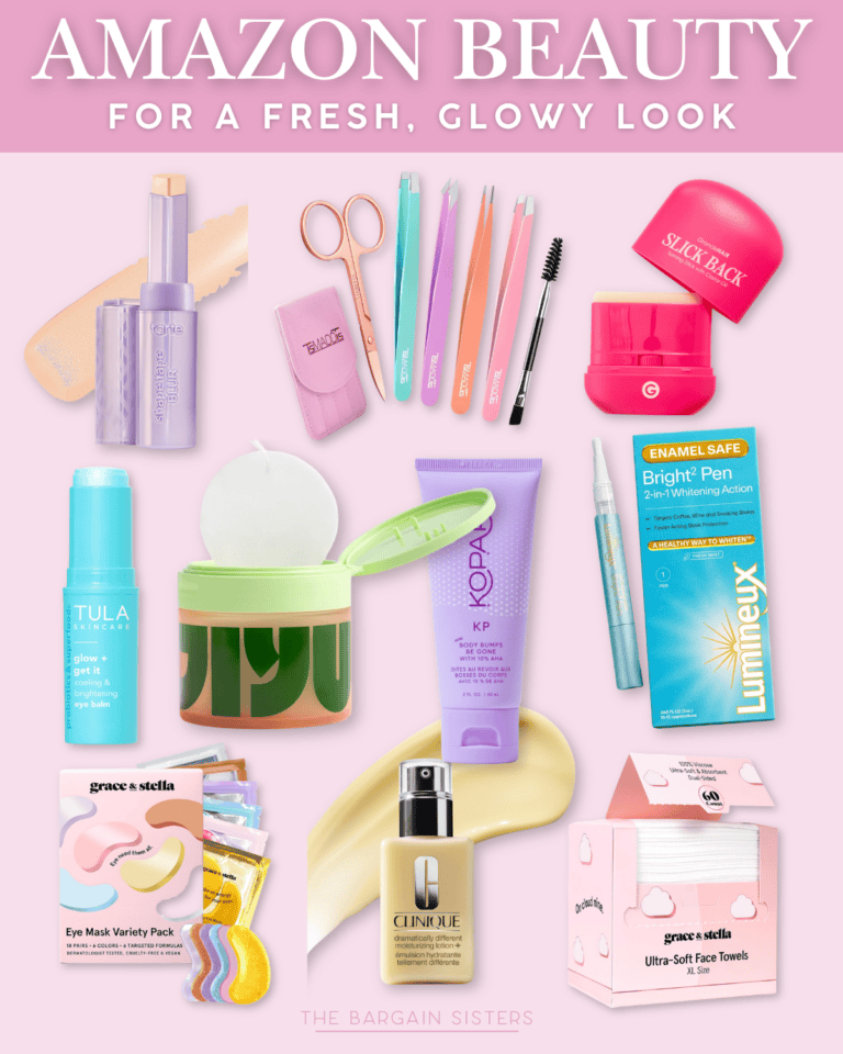A flat lay of various beauty products on a pink background, including skincare, facial tools, creams, serums, brushes, and face towels—featuring best summer essentials for a fresh, glowy look. Labeled “Amazon Beauty for a Fresh, Glowy Look.”.