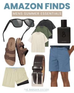 A collage of men's summer fashion must-haves, featuring sunglasses, three t-shirts, cologne, blue and light yellow shorts, brown sandals, a brown belt, and the text “AMAZON FINDS MENS SUMMER ESSENTIALS.”.