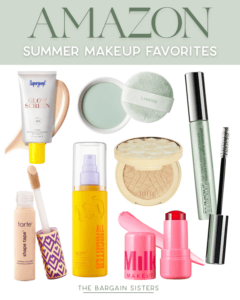 A flat lay of various makeup products—sunscreen, mascara, setting spray, concealer, pressed powder, lip balm, highlighter, and blush—labeled as Amazon’s best summer essentials for a fresh look in summer 2026.