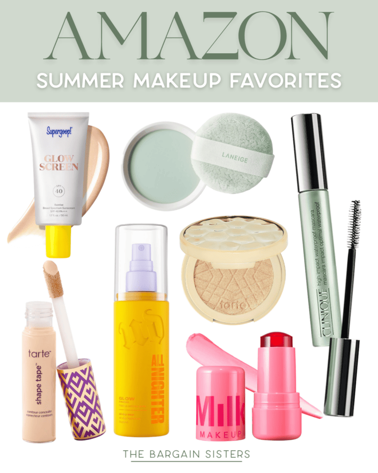 A flat lay of various makeup products—sunscreen, mascara, setting spray, concealer, pressed powder, lip balm, highlighter, and blush—labeled as Amazon’s best summer essentials for a fresh look in summer 2026.