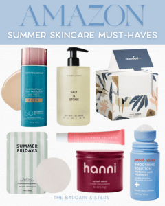 A collage of summer skincare products—sunscreen, cleanser, face towels, body lotion, lip balm, and smoothing stick—labeled “Amazon Summer Skincare Must-Haves” on a light blue and white background. Perfect as the best summer essentials for men.