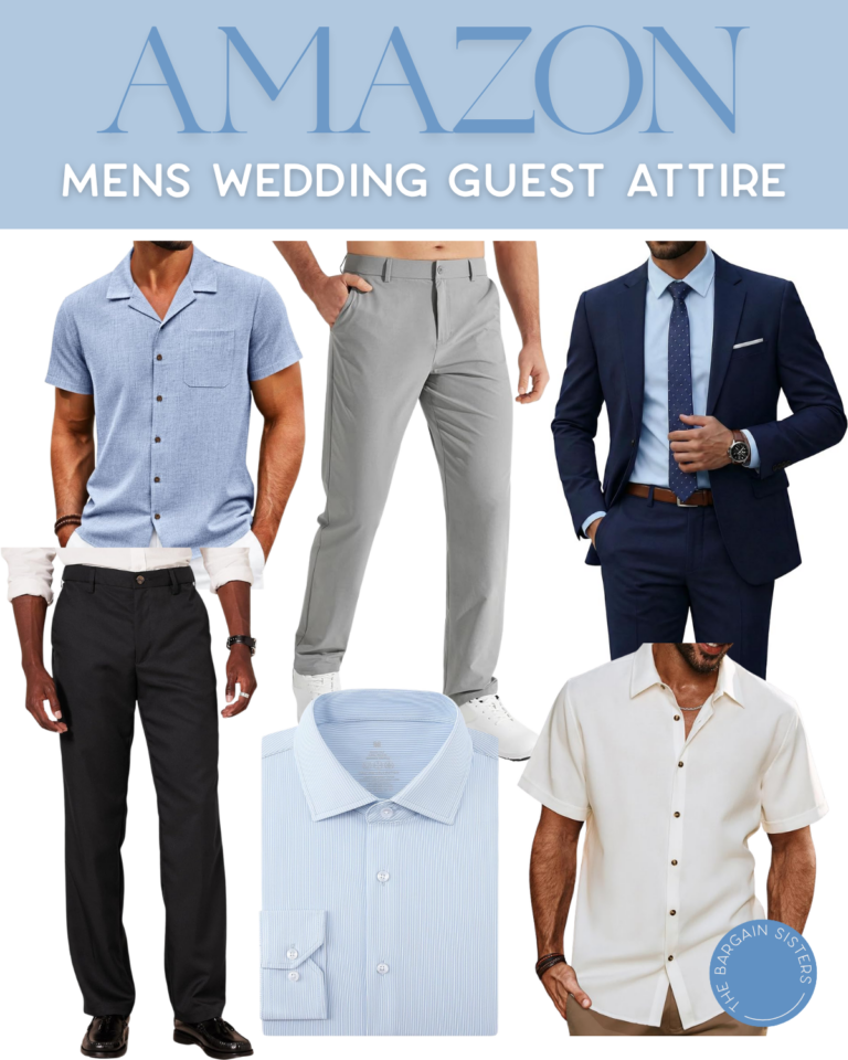 Collage showing men's wedding guest attire from Amazon: two men in short-sleeve button-down shirts (one blue, one cream), black and gray pants, a blue dress shirt, and a man in a navy suit—perfect 2026 summer essentials for men.