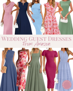 Eight women model a variety of wedding guest dresses in different styles and colors, with the text "Wedding Guest Dresses From Amazon" in the center—perfect inspiration alongside the best summer essentials for a stylish season.