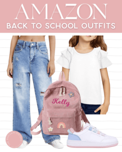 Flat lay of back-to-school outfit for girls featuring wide-leg ripped jeans, a white ruffle-sleeve top, a pink personalized backpack with "Kelly," and white and pink Nautica sneakers—perfect inspiration alongside the best summer essentials.