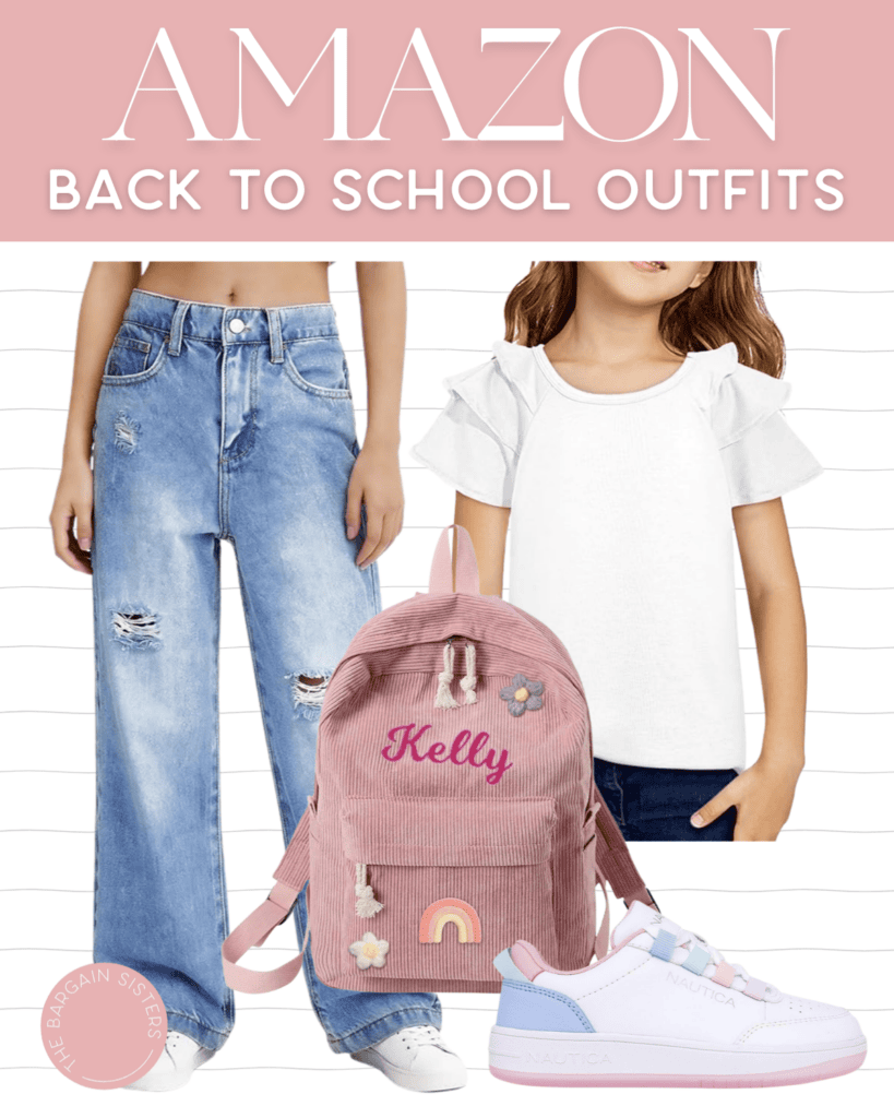 Flat lay of back-to-school outfit for girls featuring wide-leg ripped jeans, a white ruffle-sleeve top, a pink personalized backpack with "Kelly," and white and pink Nautica sneakers—perfect inspiration alongside the best summer essentials.