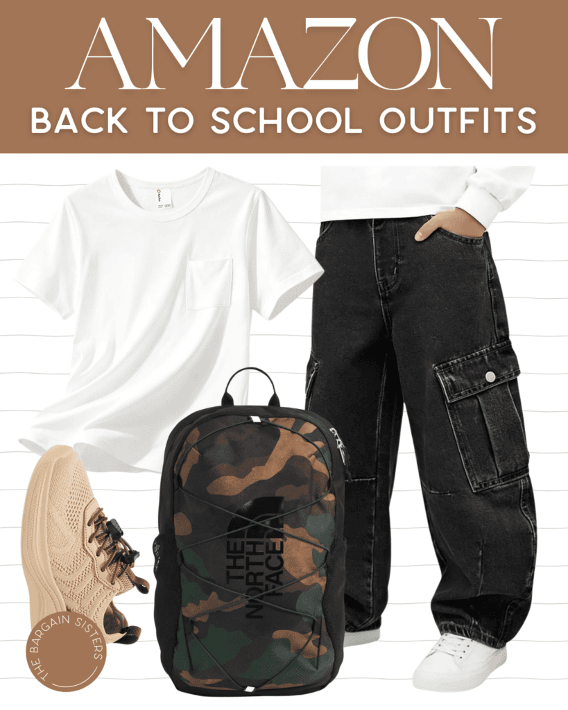 Flat lay of back-to-school outfit essentials—white t-shirt, black cargo jeans, tan sneakers, and a camouflage North Face backpack. Featuring some of the best summer essentials for men from top summer 2026 brands. “Amazon Back to School Outfits.”.