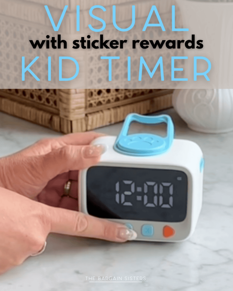 A hand presses a button on a white and blue digital timer displaying "12:00" on a marble countertop. Text above the timer reads: "VISUAL with sticker rewards KID TIMER.