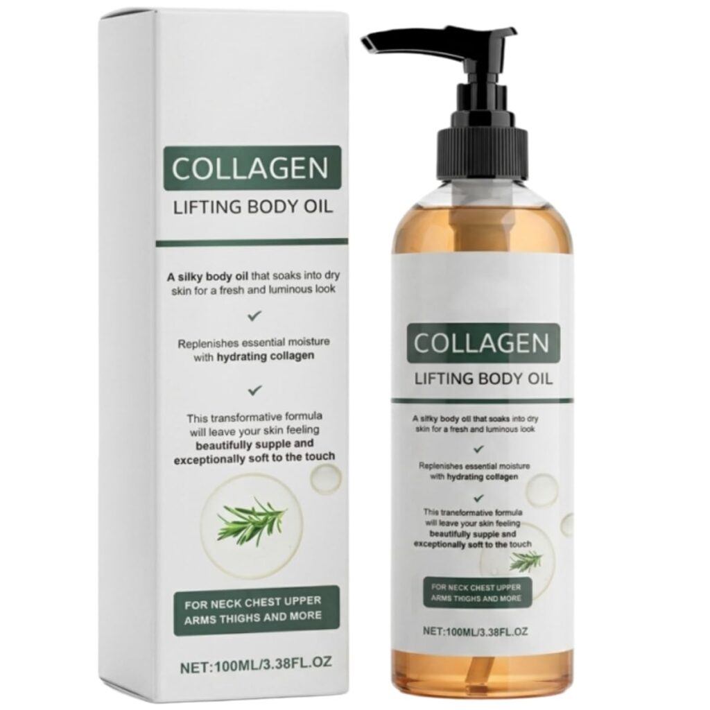 A bottle and box of Collagen Lifting Body Oil, labeled for use on neck, chest, thighs, and arms, featuring a pump dispenser and text highlighting hydrating collagen and silky, luminous skin.