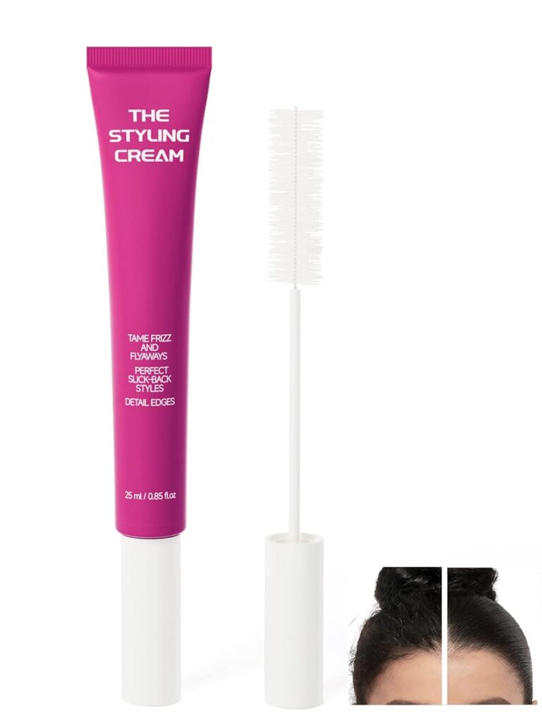 A pink tube labeled “The Styling Cream” with a white applicator wand beside it. Below, before and after images show hair without and with the cream smoothing flyaways near a person’s hairline.
